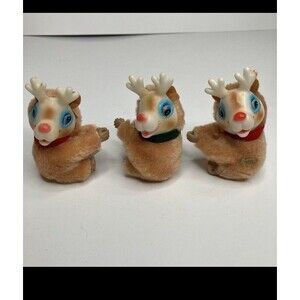 Lot 3 Rudolph Reindeer Clip On Pencil Hugger Flocked Ornament Plush Vintage